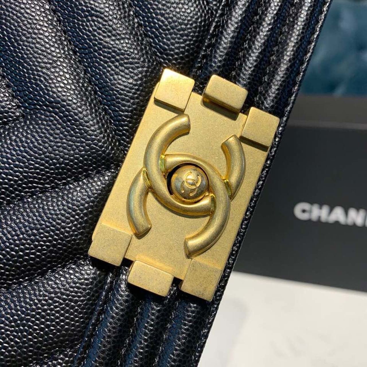 Chanel Chevron Boy Bag 20cm Caviar Leather Antique Gold Hardware Fall/Winter Act 1 Collection Black