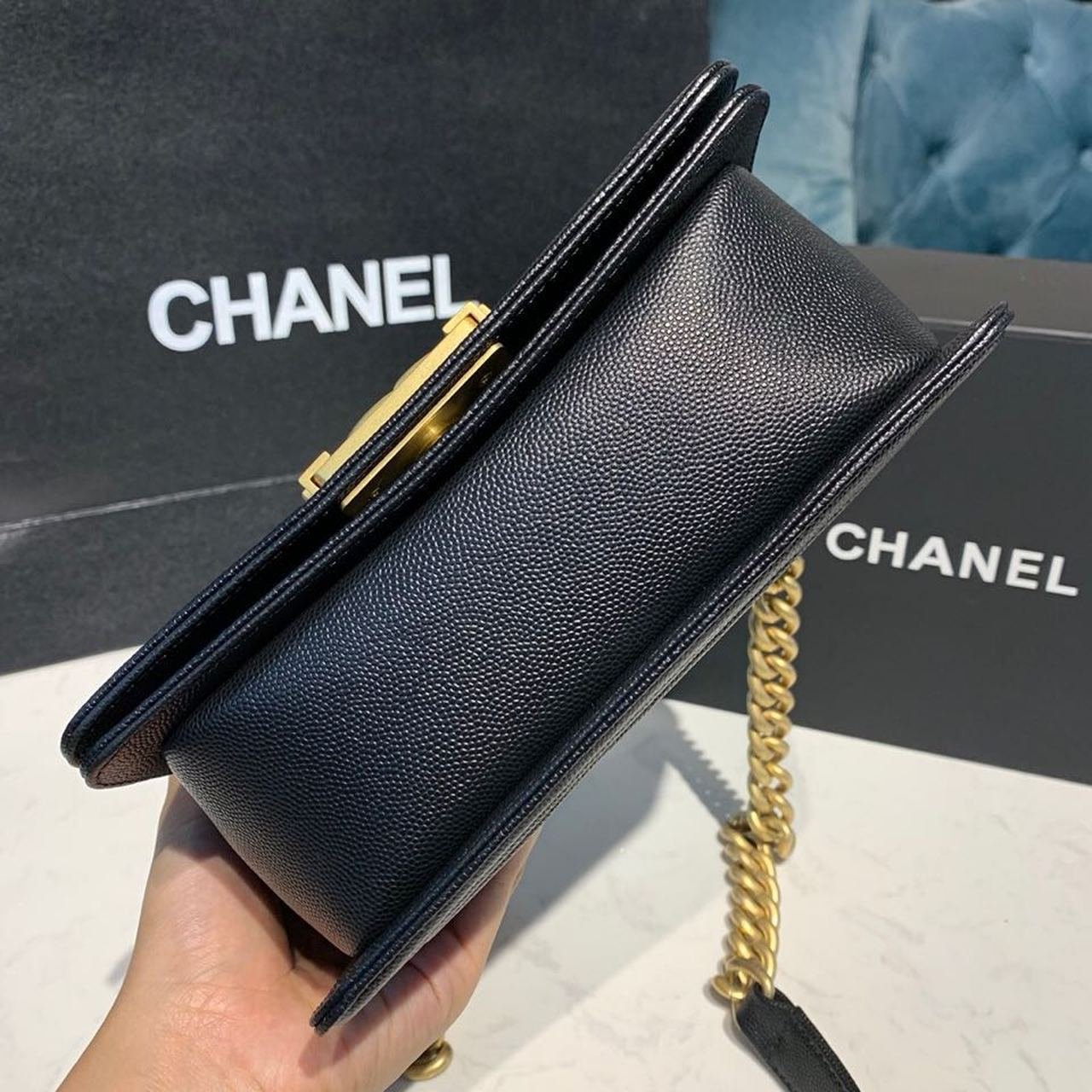 Chanel Chevron Boy Bag 20cm Caviar Leather Antique Gold Hardware Fall/Winter Act 1 Collection Black