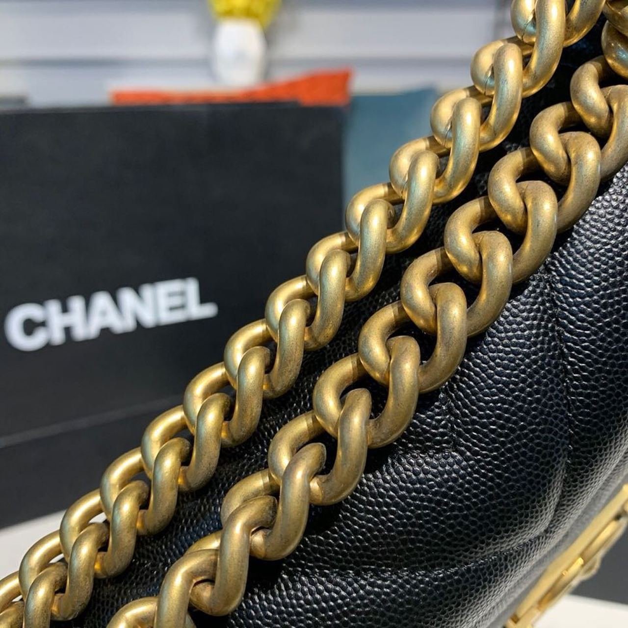 Chanel Chevron Boy Bag 20cm Caviar Leather Antique Gold Hardware Fall/Winter Act 1 Collection Black