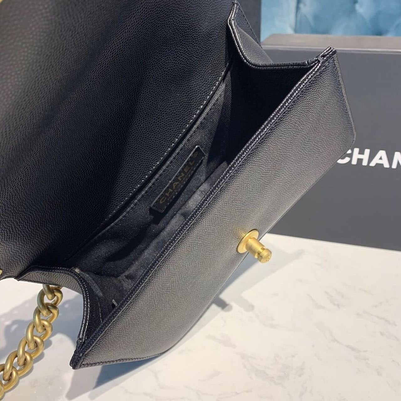 Chanel Chevron Boy Bag 20cm Caviar Leather Antique Gold Hardware Fall/Winter Act 1 Collection Black