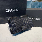Chanel Chevron Boy Bag 20cm Caviar Leather Antique Silver Hardware Fall/Winter Act 1 Collection, Black