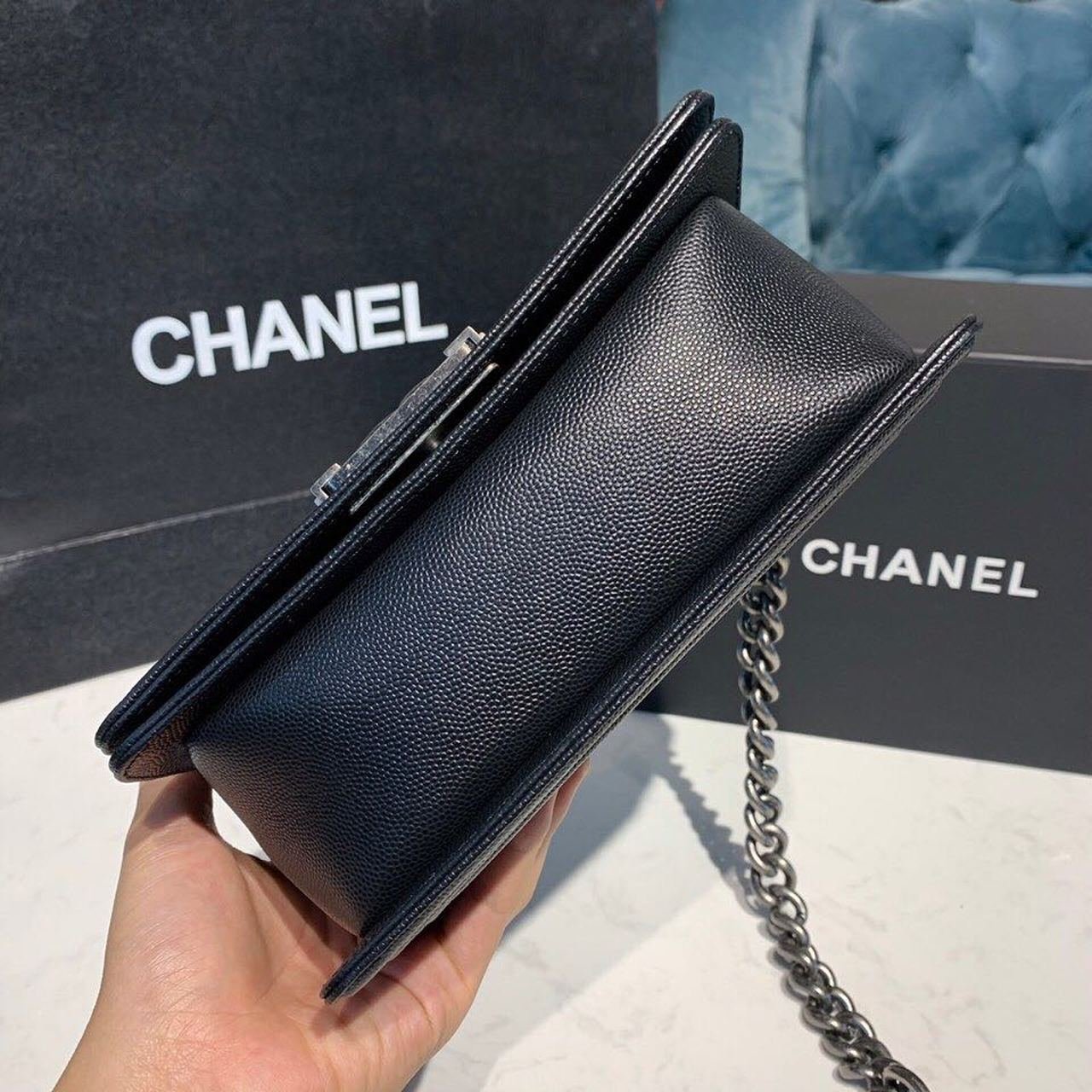 Chanel Chevron Boy Bag 20cm Caviar Leather Antique Silver Hardware Fall/Winter Act 1 Collection, Black
