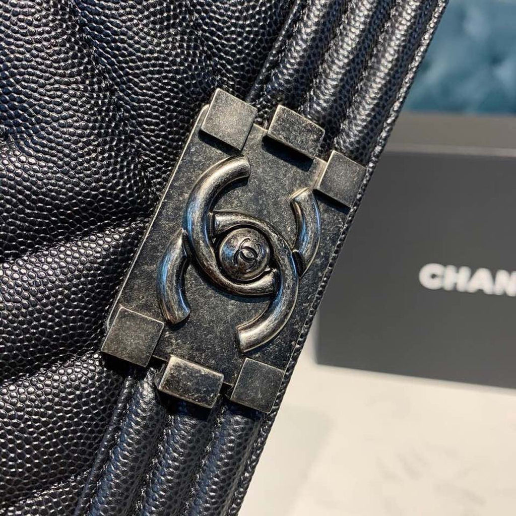 Chanel Chevron Boy Bag 20cm Caviar Leather Antique Silver Hardware Fall/Winter Act 1 Collection, Black