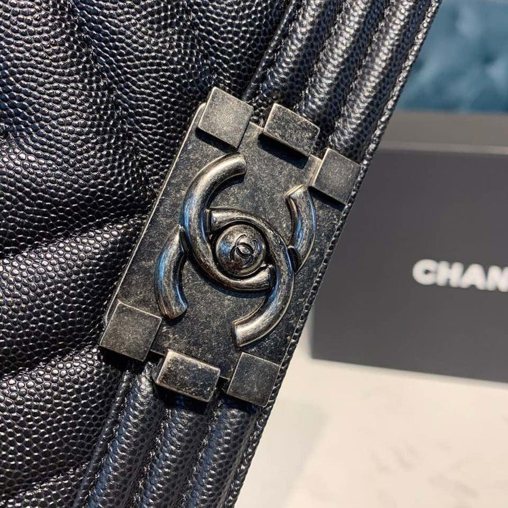 Chanel Chevron Boy Bag 20cm Caviar Leather Antique Silver Hardware Fall/Winter Act 1 Collection, Black