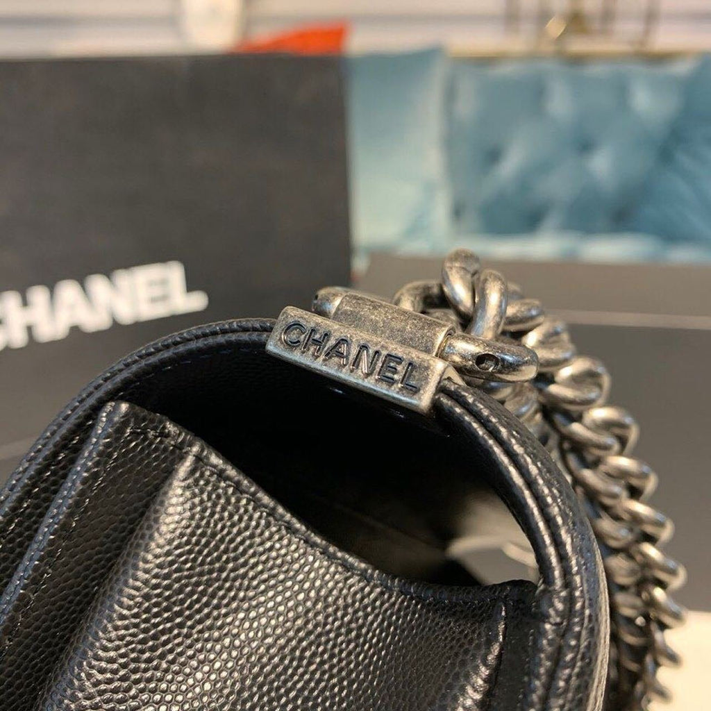 Chanel Chevron Boy Bag 20cm Caviar Leather Antique Silver Hardware Fall/Winter Act 1 Collection, Black