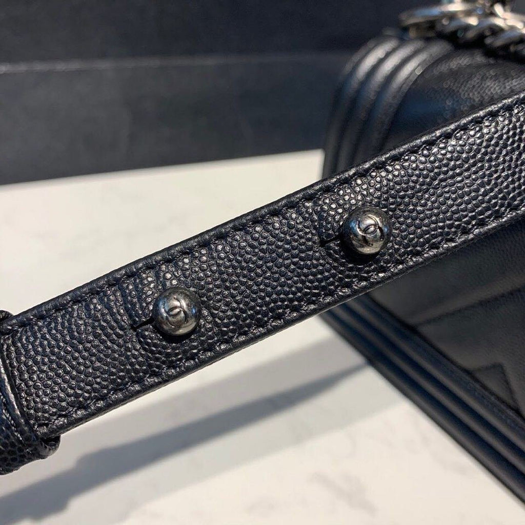 Chanel Chevron Boy Bag 20cm Caviar Leather Antique Silver Hardware Fall/Winter Act 1 Collection, Black