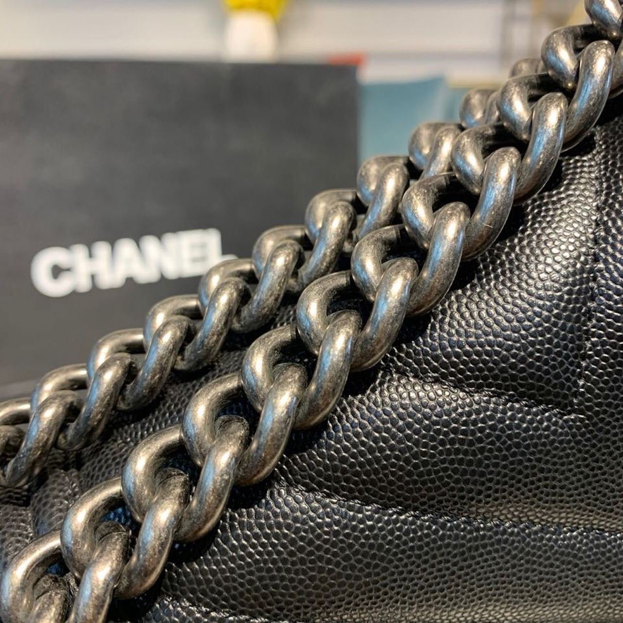 Chanel Chevron Boy Bag 20cm Caviar Leather Antique Silver Hardware Fall/Winter Act 1 Collection, Black