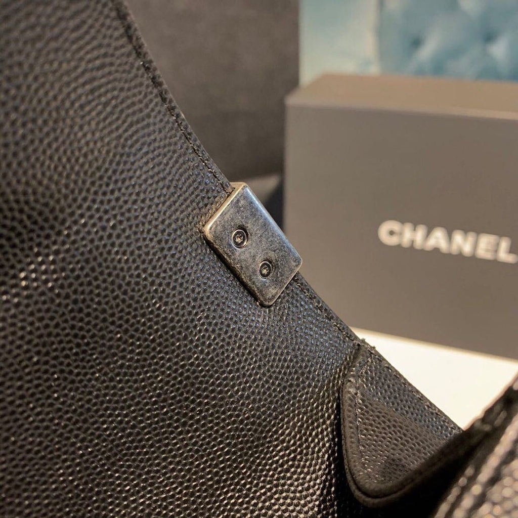 Chanel Chevron Boy Bag 20cm Caviar Leather Antique Silver Hardware Fall/Winter Act 1 Collection, Black