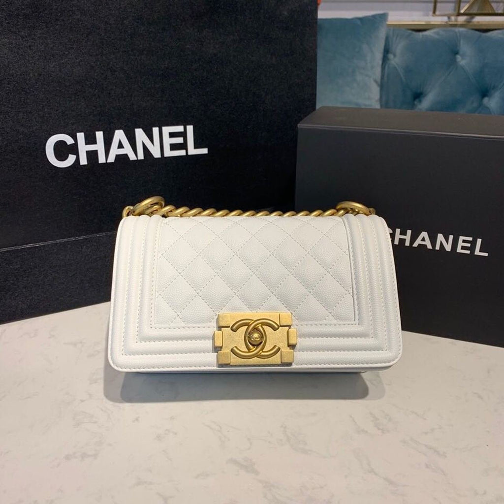 Chanel Quilted Boy Bag 20cm Caviar Leather Antique Gold Hardware Fall/Winter Act 1 Collection White
