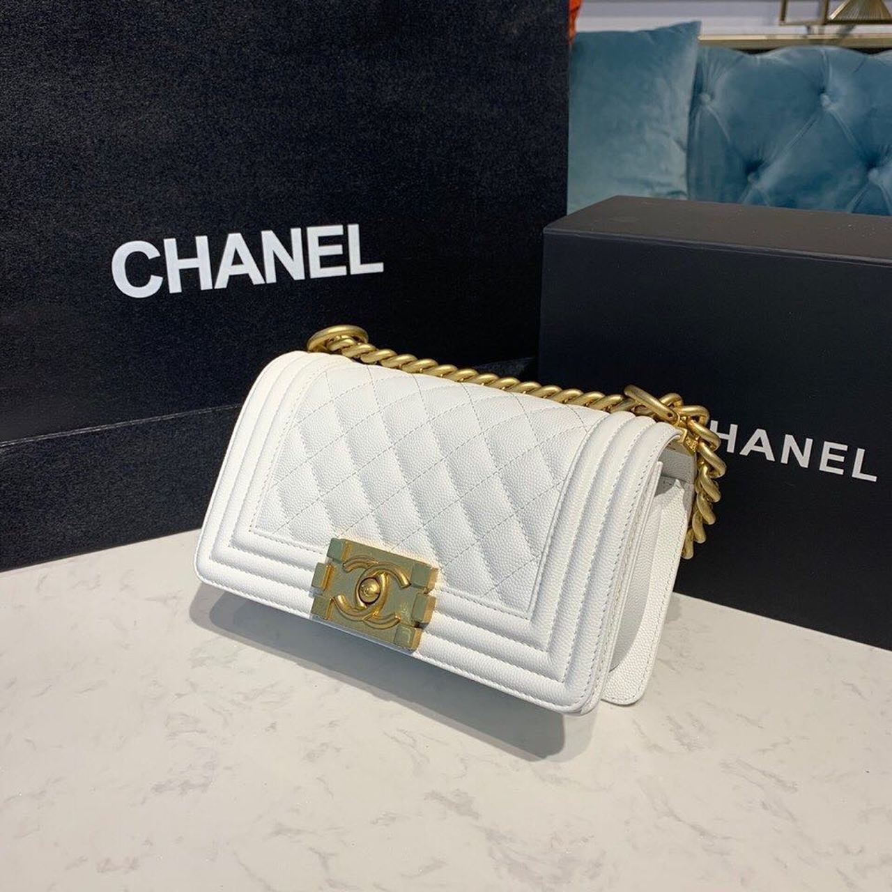 Chanel Quilted Boy Bag 20cm Caviar Leather Antique Gold Hardware Fall/Winter Act 1 Collection White
