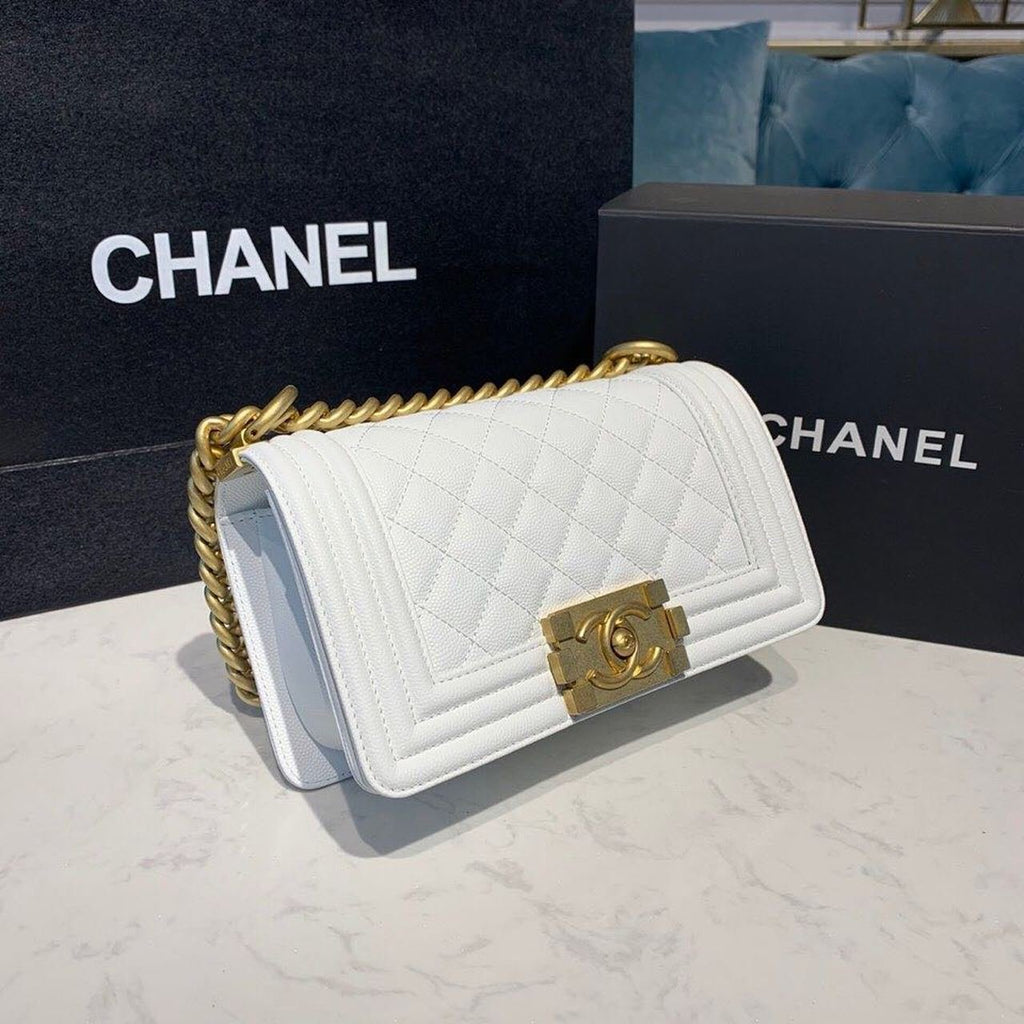 Chanel Quilted Boy Bag 20cm Caviar Leather Antique Gold Hardware Fall/Winter Act 1 Collection White