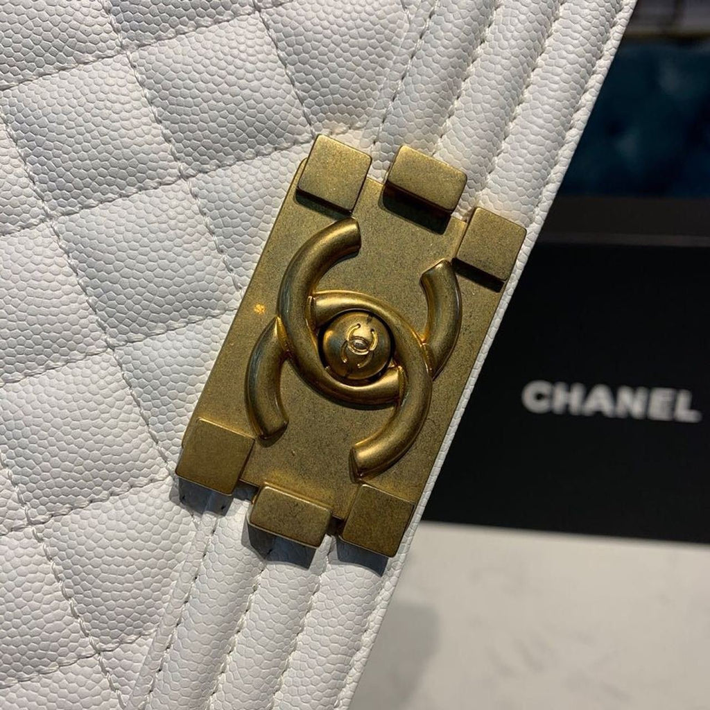 Chanel Quilted Boy Bag 20cm Caviar Leather Antique Gold Hardware Fall/Winter Act 1 Collection White