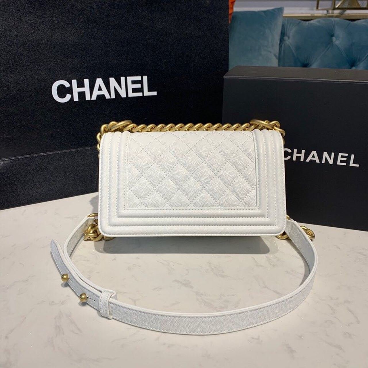 Chanel Quilted Boy Bag 20cm Caviar Leather Antique Gold Hardware Fall/Winter Act 1 Collection White