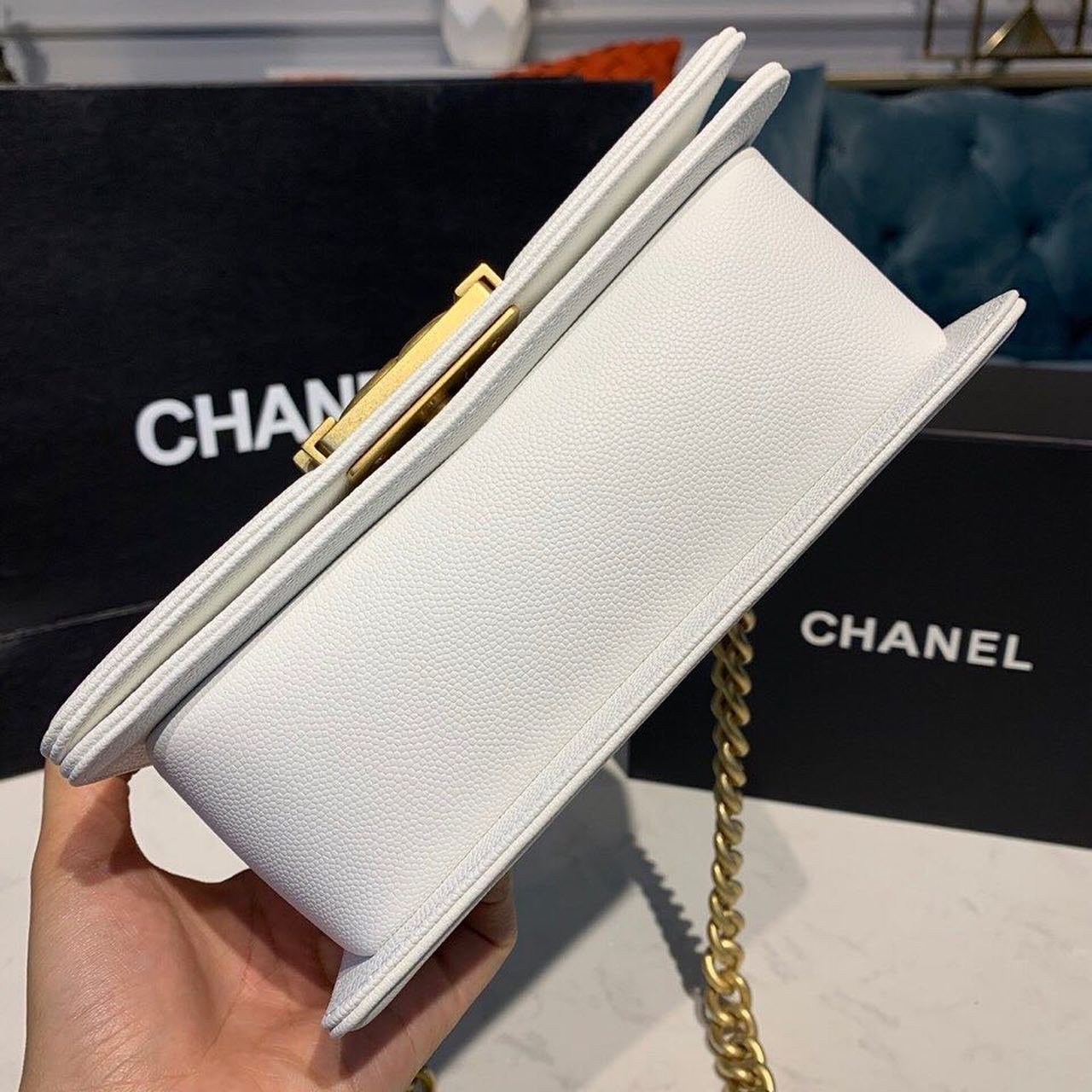 Chanel Quilted Boy Bag 20cm Caviar Leather Antique Gold Hardware Fall/Winter Act 1 Collection White