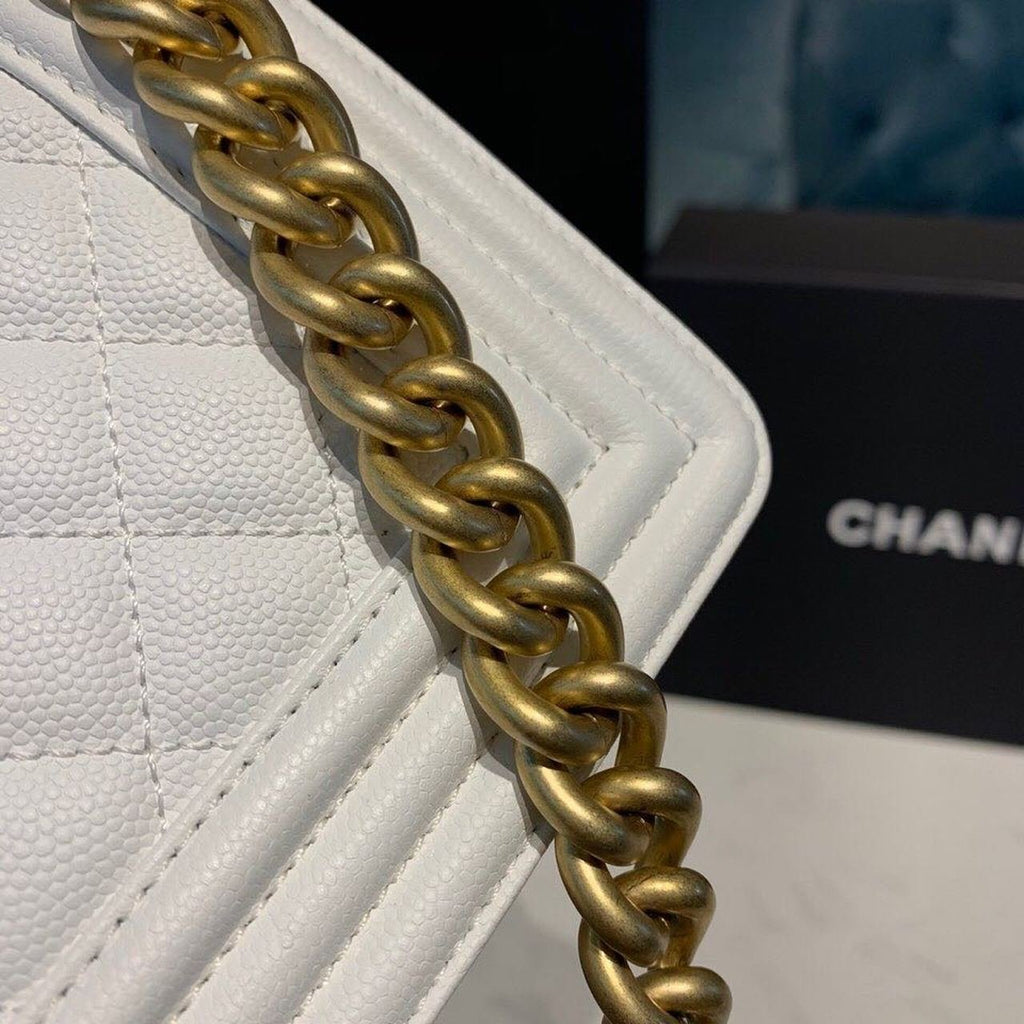 Chanel Quilted Boy Bag 20cm Caviar Leather Antique Gold Hardware Fall/Winter Act 1 Collection White