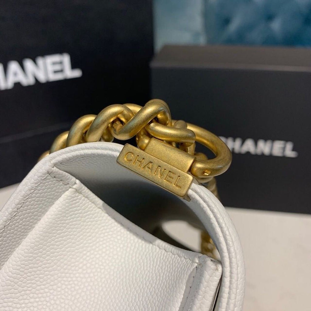 Chanel Quilted Boy Bag 20cm Caviar Leather Antique Gold Hardware Fall/Winter Act 1 Collection White