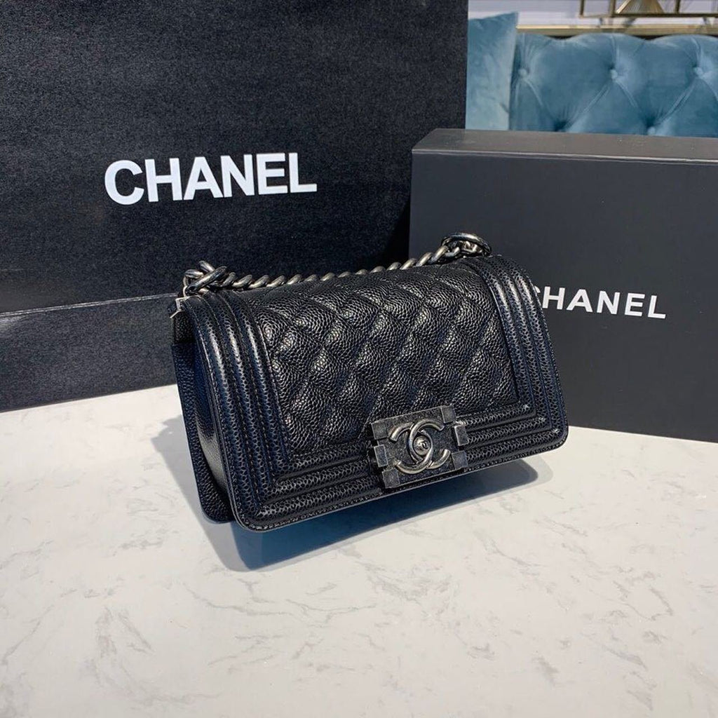 Chanel Quilted Boy Bag 20cm Caviar Leather Antique Silver Hardware Fall/Winter Act 1 Collection Black
