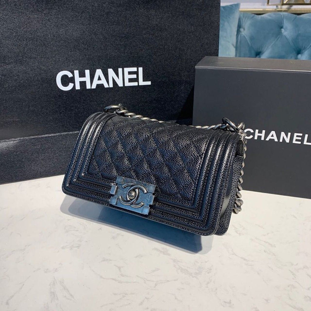 Chanel Quilted Boy Bag 20cm Caviar Leather Antique Silver Hardware Fall/Winter Act 1 Collection Black