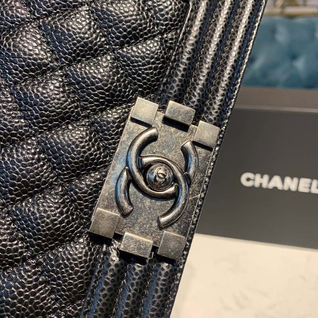 Chanel Quilted Boy Bag 20cm Caviar Leather Antique Silver Hardware Fall/Winter Act 1 Collection Black