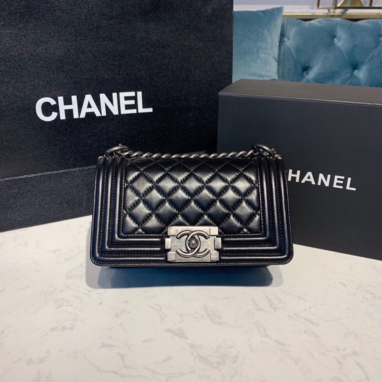 Chanel Quilted Boy Bag 20cm Lambskin Leather Antique Silver Hardware Fall/Winter Act 1 Collection Black