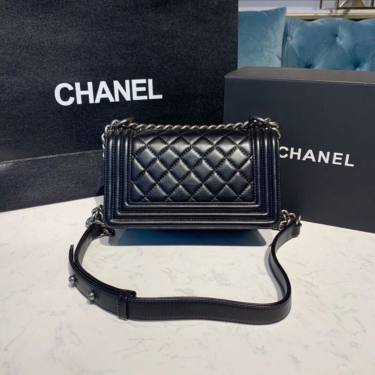 Chanel Quilted Boy Bag 20cm Lambskin Leather Antique Silver Hardware Fall/Winter Act 1 Collection Black