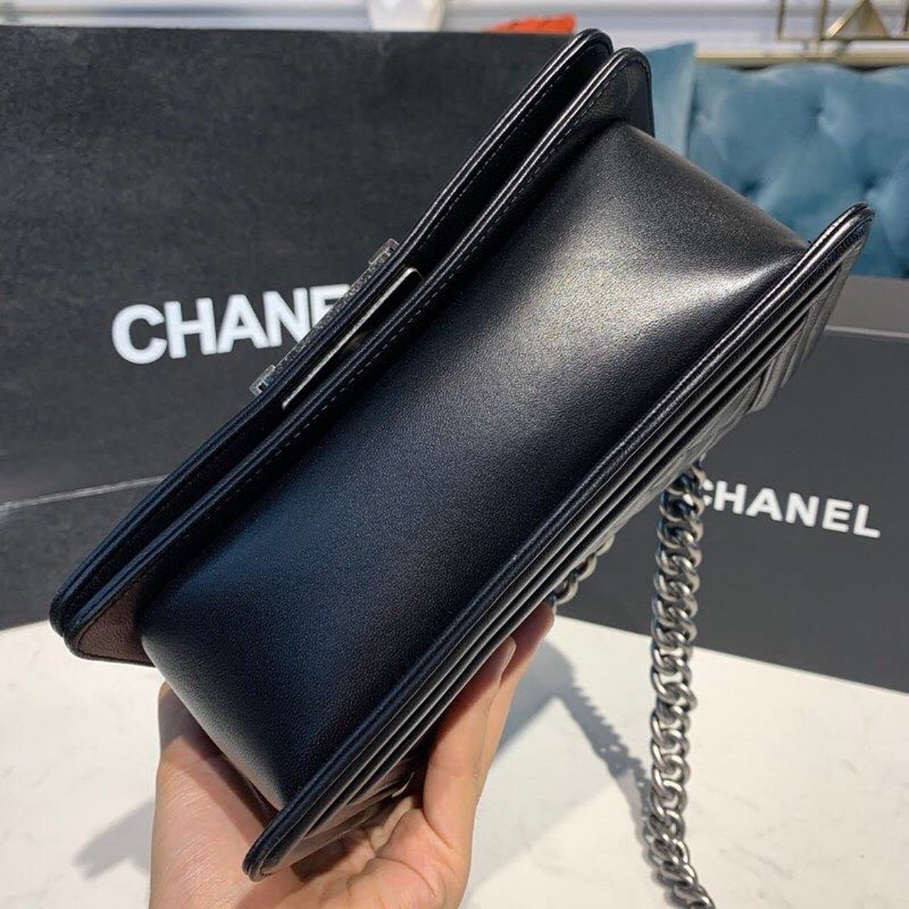 Chanel Quilted Boy Bag 20cm Lambskin Leather Antique Silver Hardware Fall/Winter Act 1 Collection Black