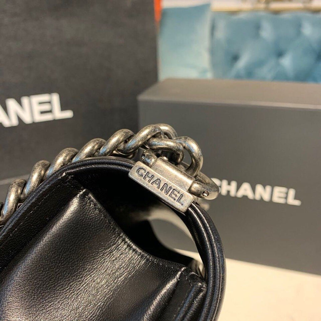 Chanel Quilted Boy Bag 20cm Lambskin Leather Antique Silver Hardware Fall/Winter Act 1 Collection Black