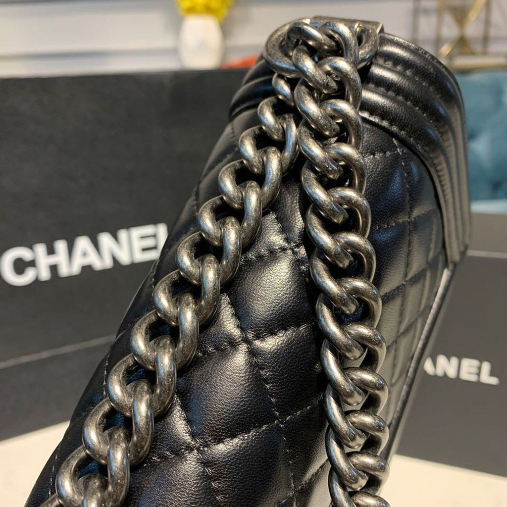 Chanel Quilted Boy Bag 20cm Lambskin Leather Antique Silver Hardware Fall/Winter Act 1 Collection Black