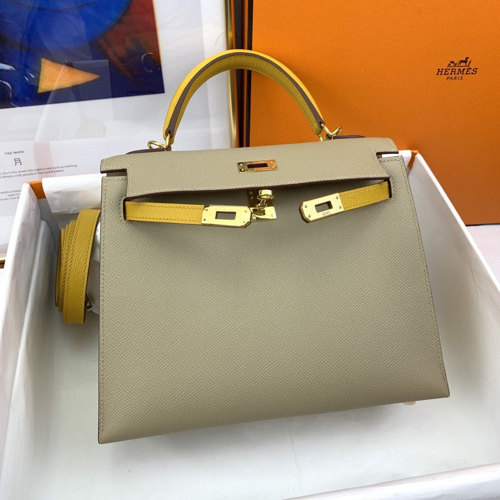 Hermes Kelly 25 Sellier Epsom Greige/Yellow Bag For Women, Women’s Handbags, Shoulder Bags 10in/25cm