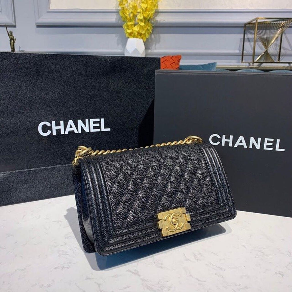 Chanel Quilted Boy Bag 25cm Caviar Leather Antique Gold Hardware Fall/Winter Act 1 Collection Black