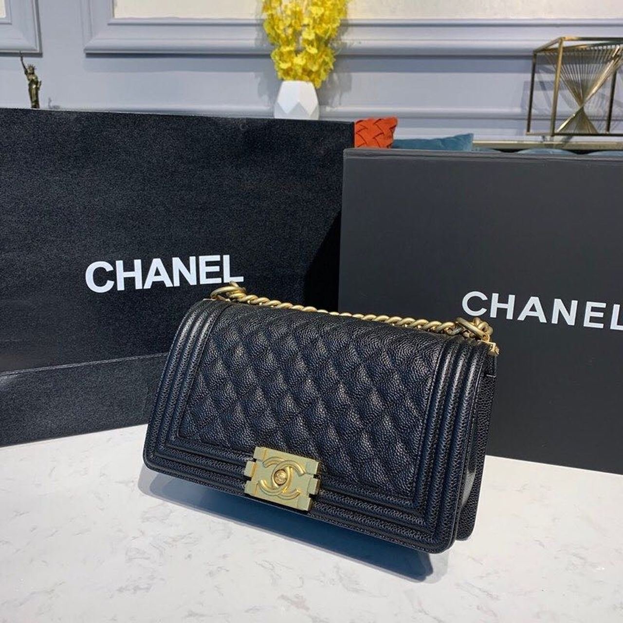 Chanel Quilted Boy Bag 25cm Caviar Leather Antique Gold Hardware Fall/Winter Act 1 Collection Black