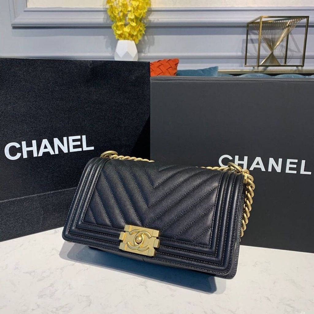 Chanel Quilted Boy Bag Caviar Leather Antique Gold Hardware Fall/Winter Act 1 Collection Black