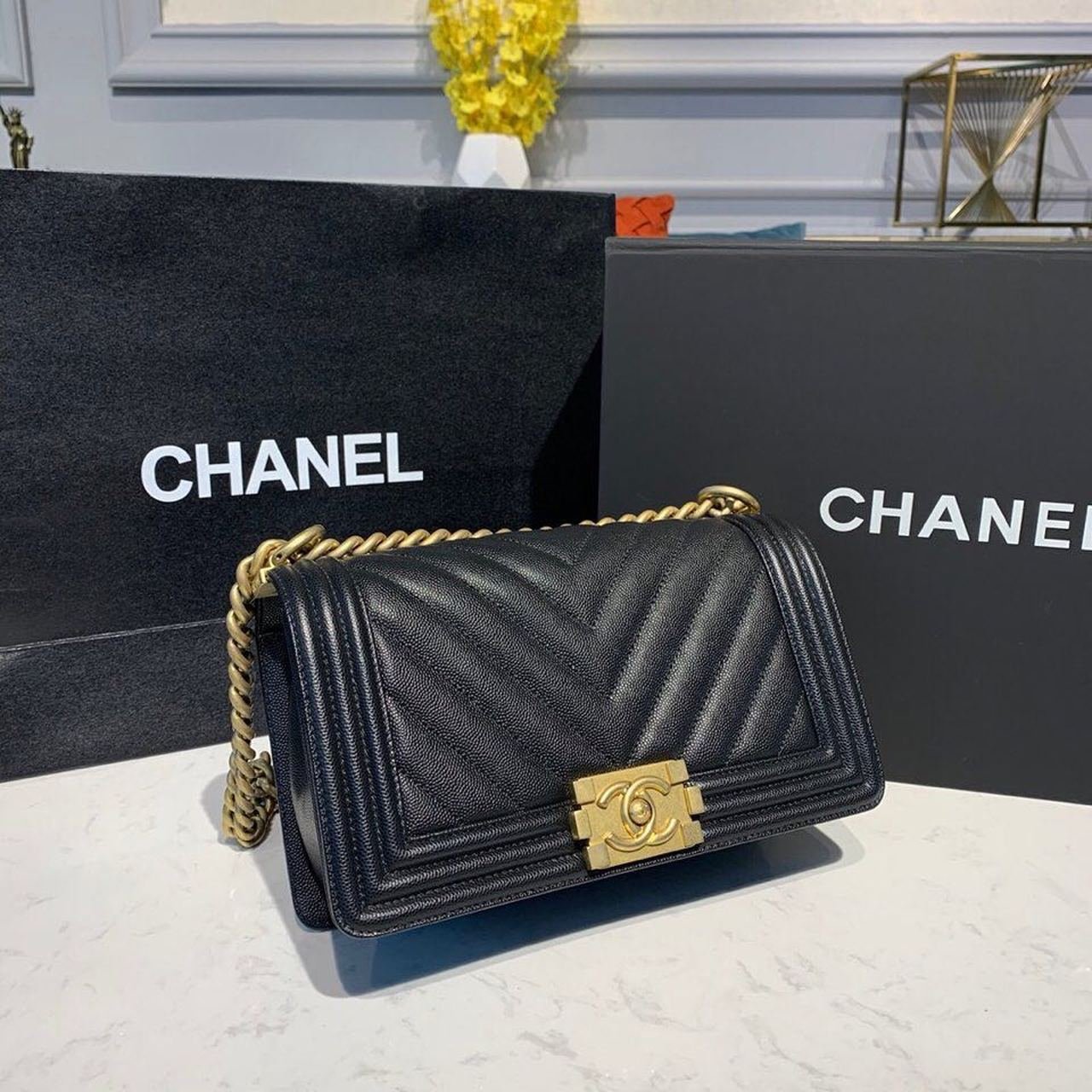 Chanel Quilted Boy Bag Caviar Leather Antique Gold Hardware Fall/Winter Act 1 Collection Black