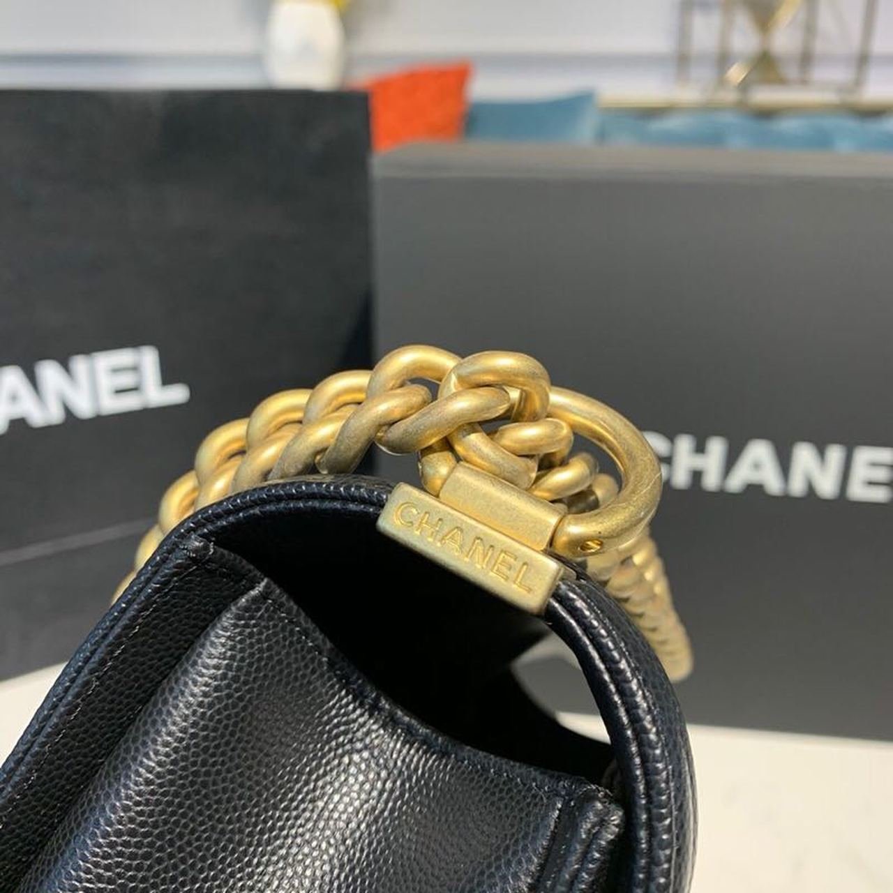 Chanel Quilted Boy Bag Caviar Leather Antique Gold Hardware Fall/Winter Act 1 Collection Black