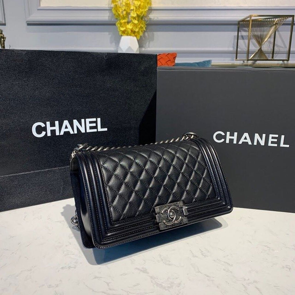 Chanel Quilted Boy Bag 25cm Lambskin Leather Antique Silver Hardware Fall/Winter Act 1 Collection Black