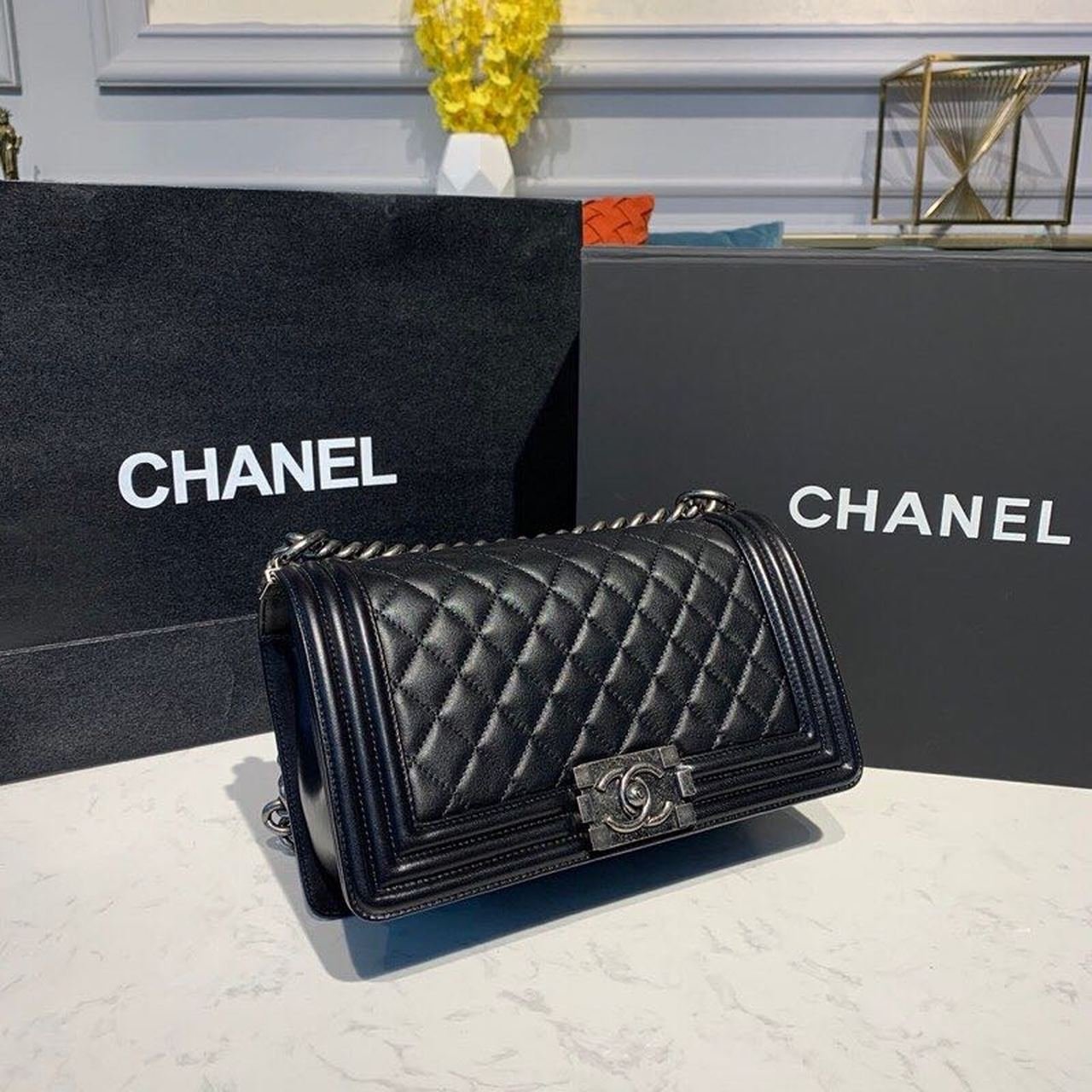 Chanel Quilted Boy Bag 25cm Lambskin Leather Antique Silver Hardware Fall/Winter Act 1 Collection Black