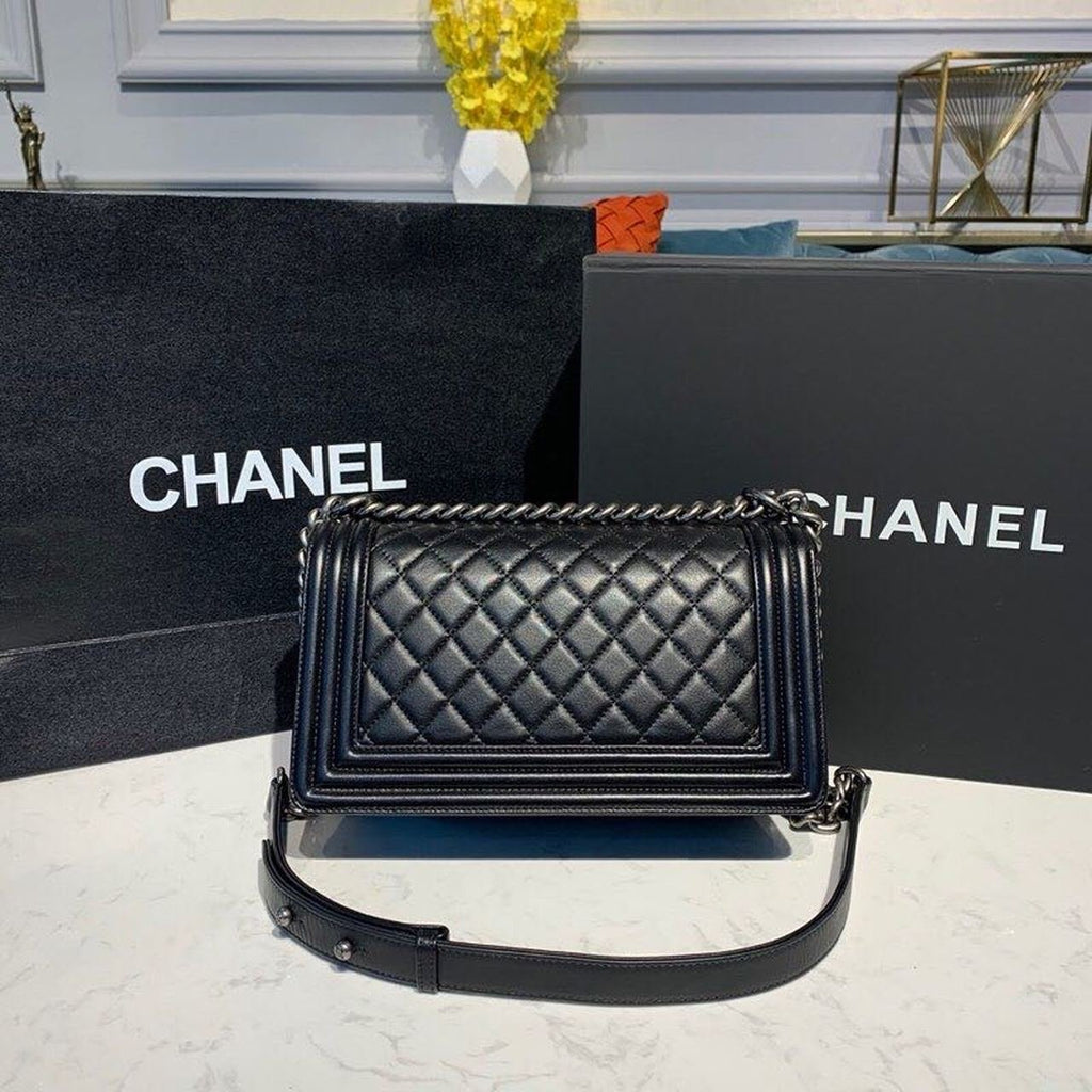 Chanel Quilted Boy Bag 25cm Lambskin Leather Antique Silver Hardware Fall/Winter Act 1 Collection Black
