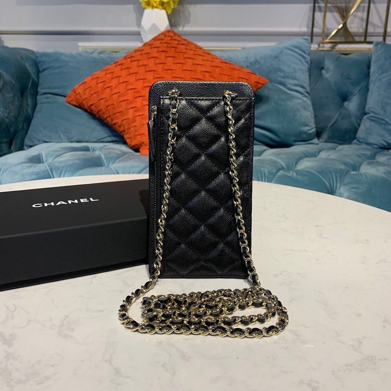 Chanel Mobile Phone Pouch Holder Shoulder Bag 12cm Caviar Leather Gold Hardware Fall/Winter Act 1 Collection, Black