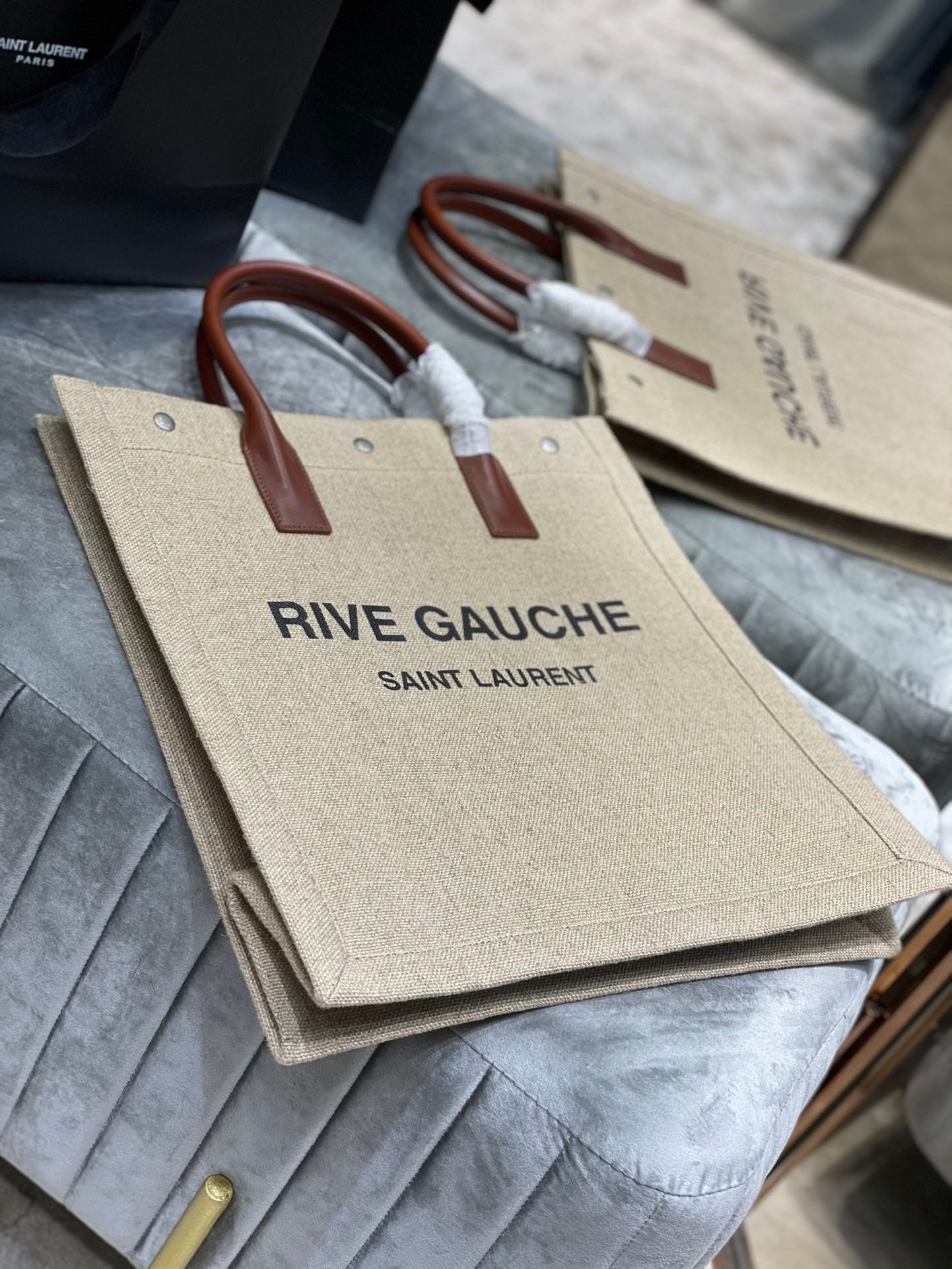 Saint Laurent Rive Gauche North/South Tote Bag In Printed Linen For Women 39cm YSL 632539FAABR9083