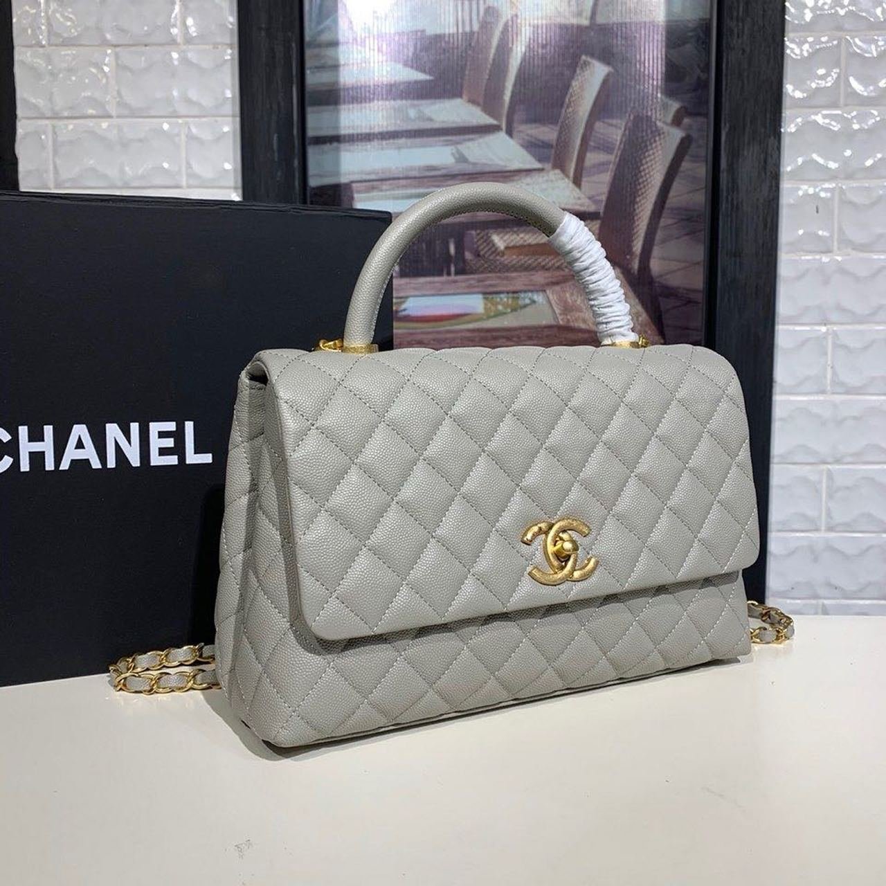 Chanel Coco Handle Quilted Bag 30cm Caviar Leather Gold Hardware Spring/Summer Act 1 Collection, Grey