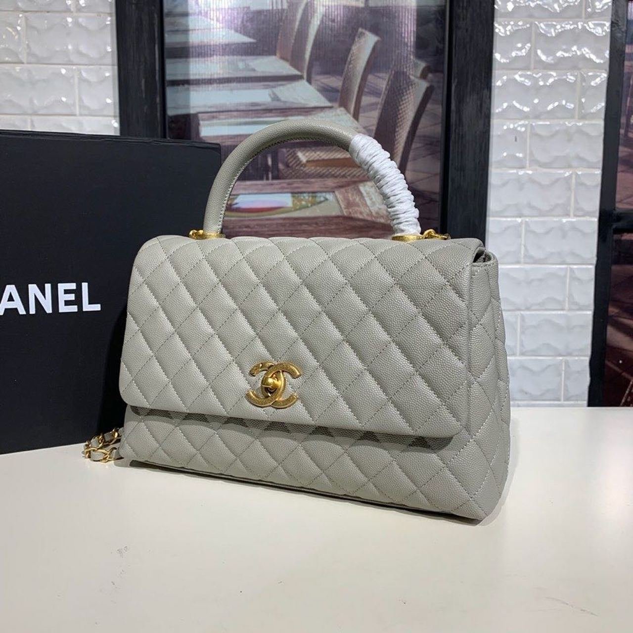 Chanel Coco Handle Quilted Bag 30cm Caviar Leather Gold Hardware Spring/Summer Act 1 Collection, Grey