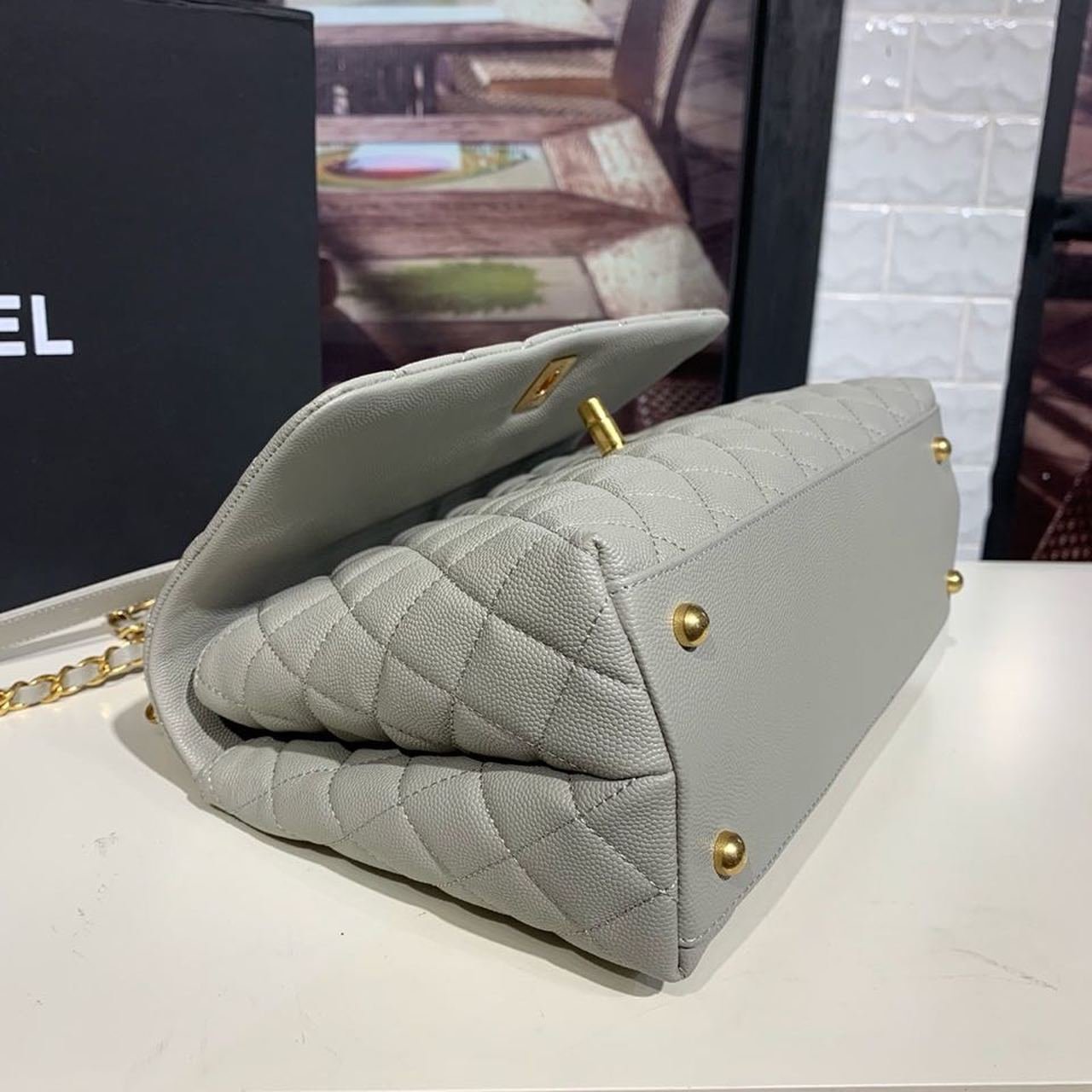 Chanel Coco Handle Quilted Bag 30cm Caviar Leather Gold Hardware Spring/Summer Act 1 Collection, Grey