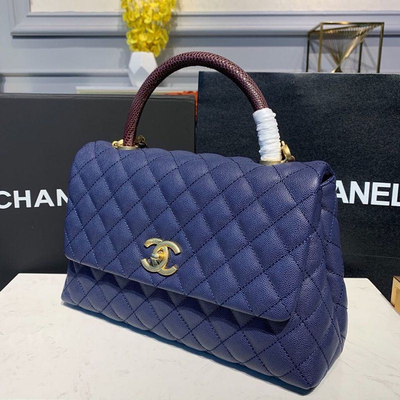 Chanel Coco Handle Quilted Lizard Handle Bag 30cm Caviar Leather Gold Hardware Spring/Summer Act 1 Collection, Blue