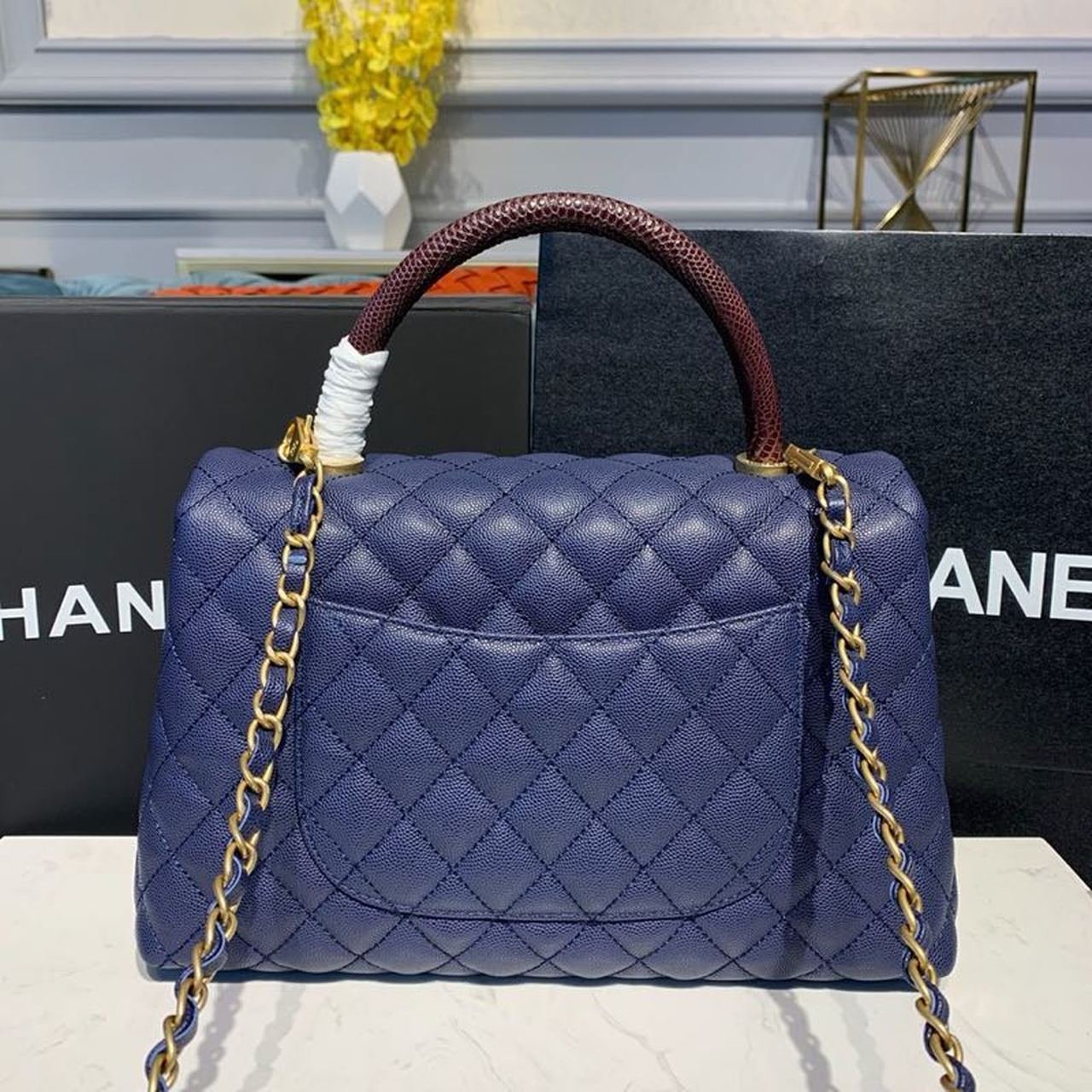 Chanel Coco Handle Quilted Lizard Handle Bag 30cm Caviar Leather Gold Hardware Spring/Summer Act 1 Collection, Blue