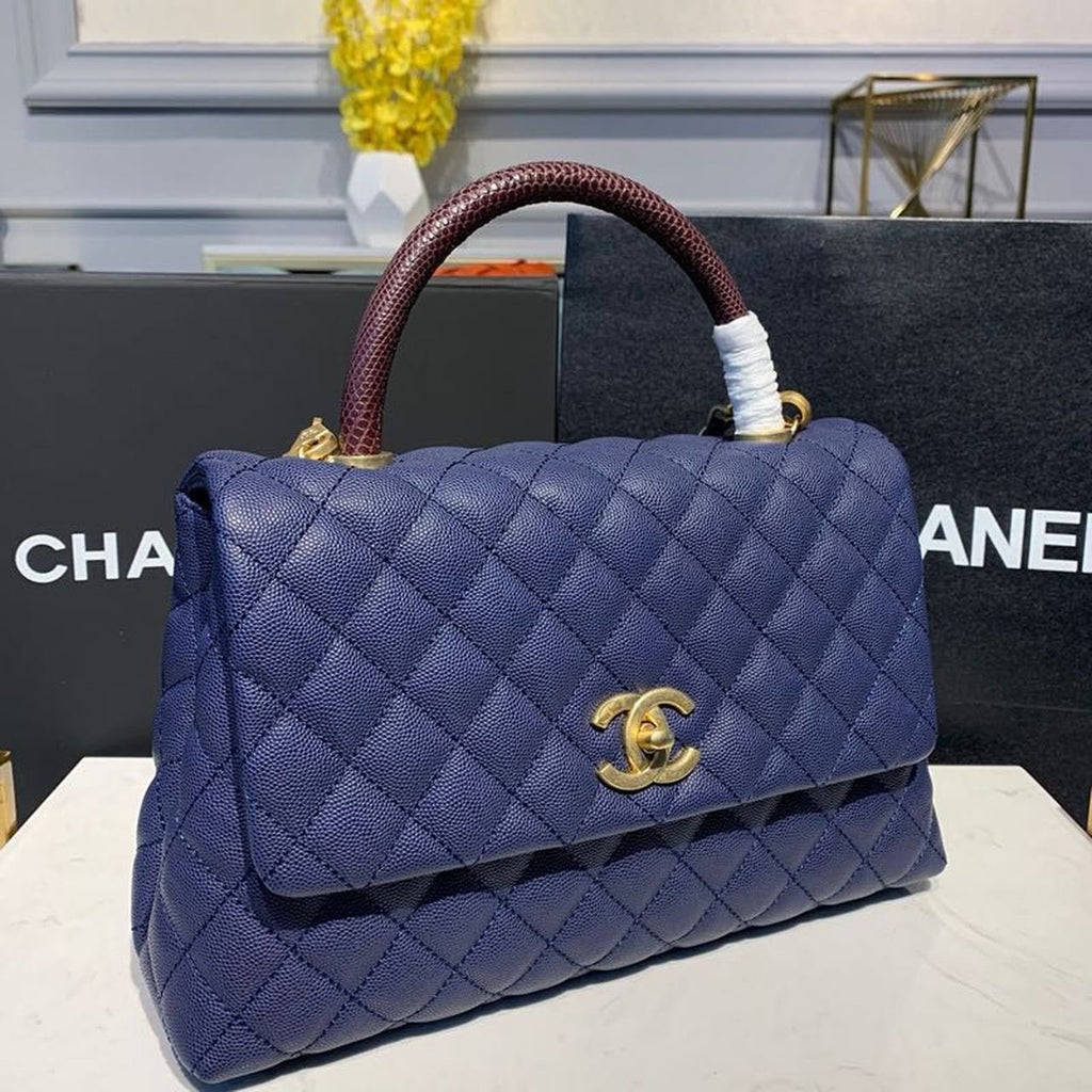 Chanel Coco Handle Quilted Lizard Handle Bag 30cm Caviar Leather Gold Hardware Spring/Summer Act 1 Collection, Blue
