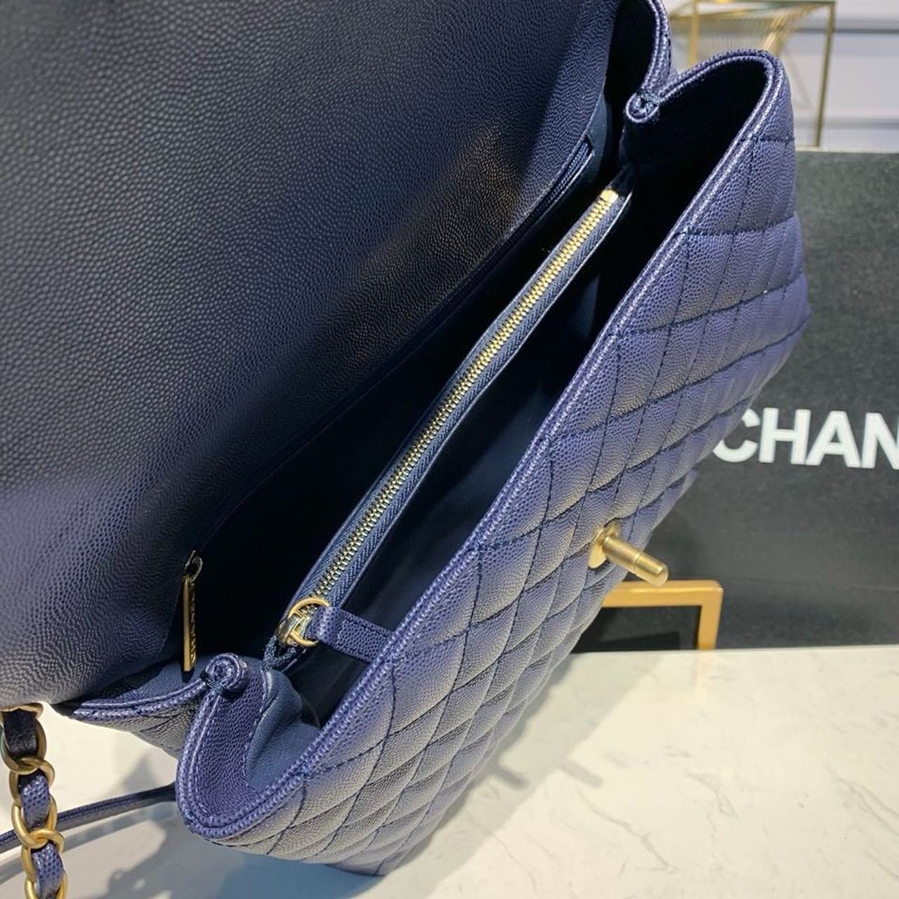 Chanel Coco Handle Quilted Lizard Handle Bag 30cm Caviar Leather Gold Hardware Spring/Summer Act 1 Collection, Blue