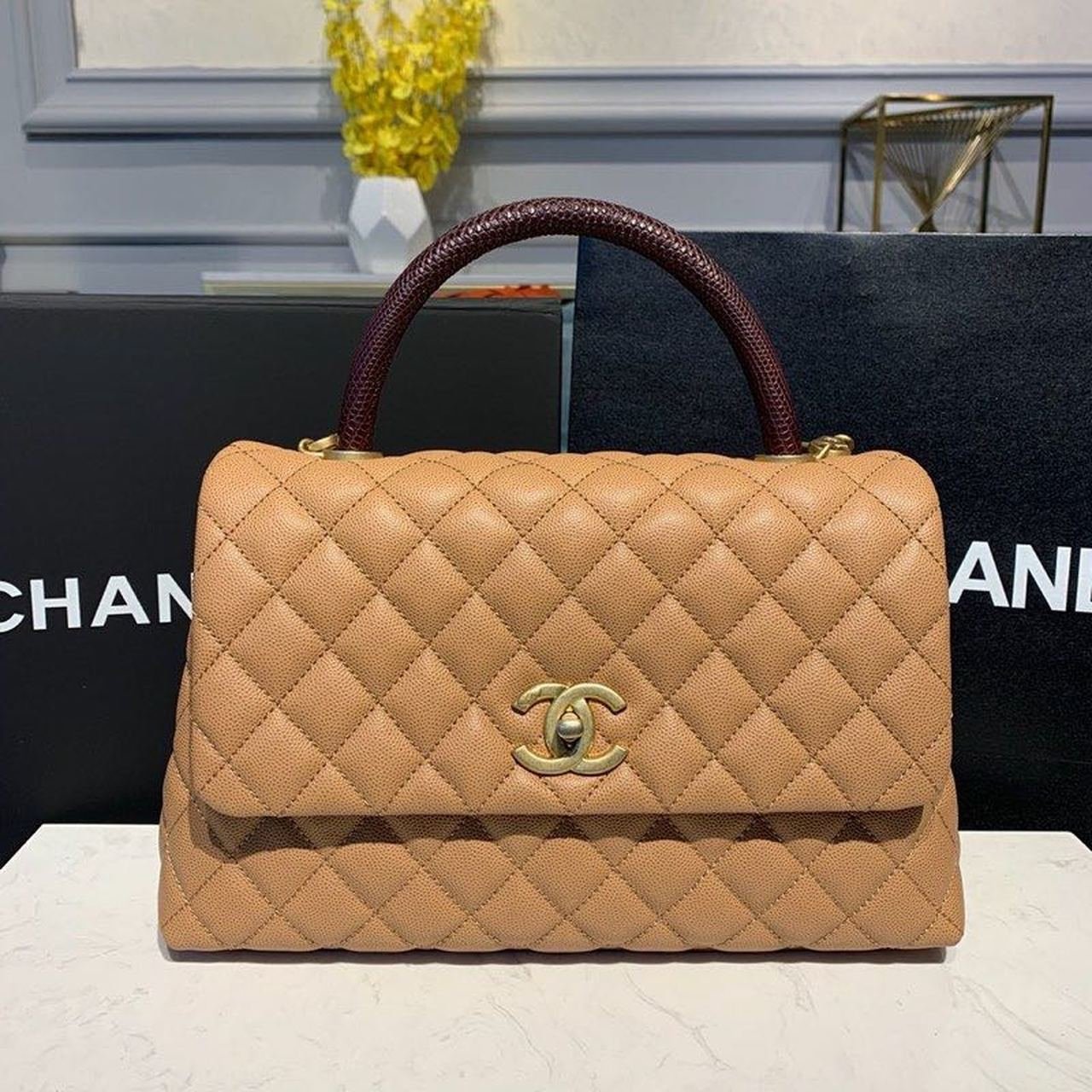 Chanel Coco Handle Quilted Lizard Handle Bag 28cm Caviar Leather Gold Hardware Spring/Summer Act 1 Collection Brown