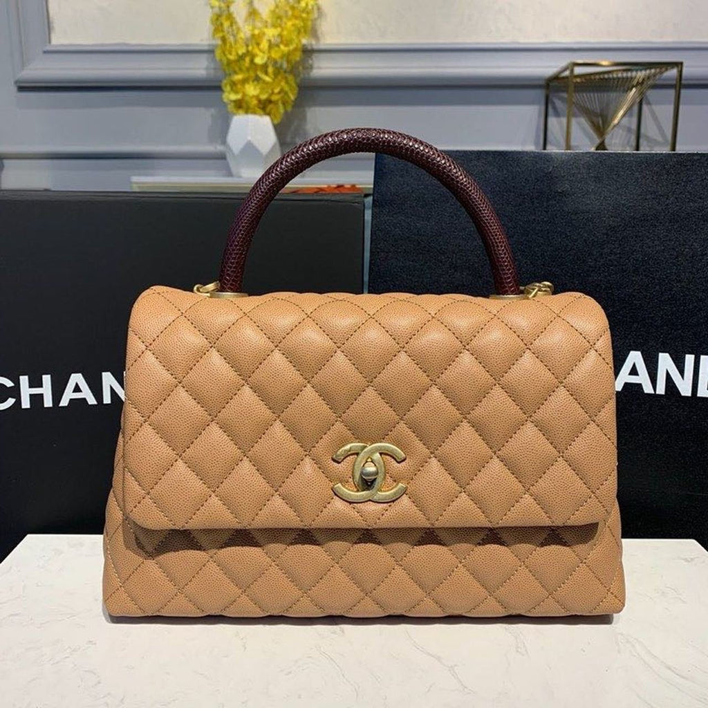 Chanel Coco Handle Quilted Lizard Handle Bag 28cm Caviar Leather Gold Hardware Spring/Summer Act 1 Collection Brown