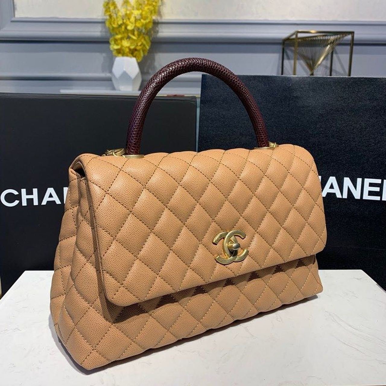 Chanel Coco Handle Quilted Lizard Handle Bag 28cm Caviar Leather Gold Hardware Spring/Summer Act 1 Collection Brown