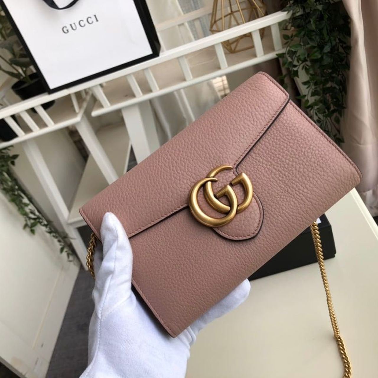 Gucci GG Marmont Mini Chain Bag Pink For Women 7.9in/20cm